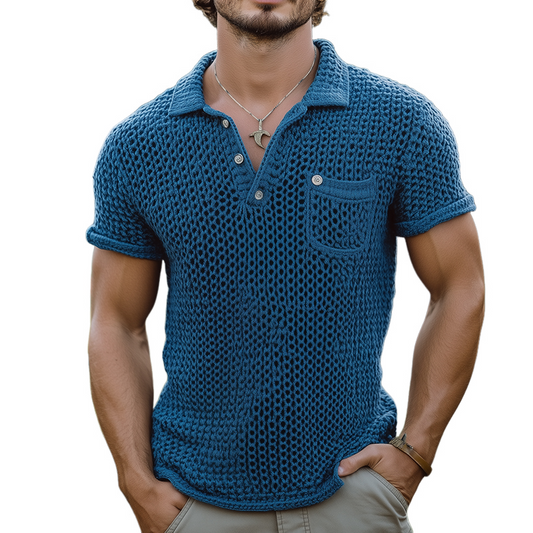 Men's Retro Solid Color Knitted Pocket Short-Sleeved Polo Shirt MTA0982D1TO