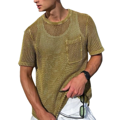 Men's Casual Round Neck Hollow Loose Knitted Short Sleeve Sweater T-Shirt (Tank Top Excluded) MTA0734D3M