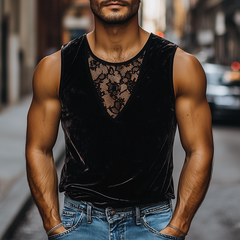 Men's Fashion Casual Round Neck Lace Stitching Velvet Tank Top MTA2517C4K