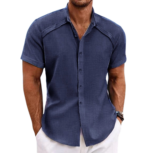 Men's Cotton And Linen Solid Color Lapel Short-Sleeved Shirt MTA0127D8X