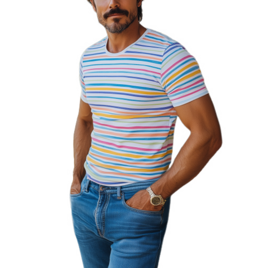 Men's Casual Round Neck Contrast Striped Slim Fit Cotton Short Sleeve T-shirt 46015919K