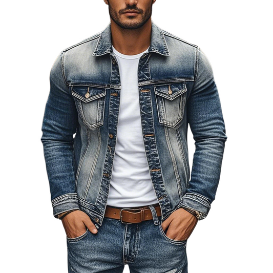 Men's Vintage Denim Heavy Wash Lapel Single Breasted Slim Fit Jacket MTA0222D8M