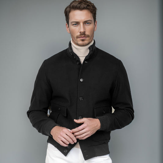Men's Stylish Black Bomber Jacket with Detachable Collar for Modern Fashionistas
