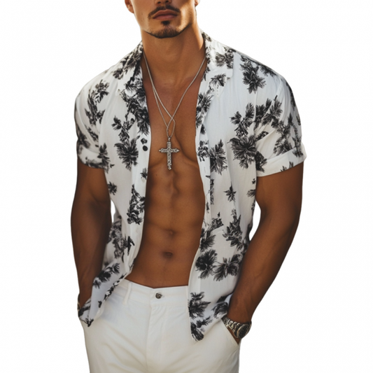 Men's Casual Printed Lapel Loose Short-sleeved Shirt 95257712M