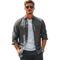 Men's Casual Skin-friendly Dark Gray Cotton And Linen Long-sleeved Shirt 01392376U