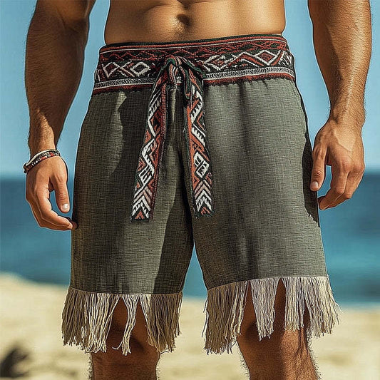 Men's Summer Cotton And Linen Embroidered Tassel Shorts MTA0933D4U
