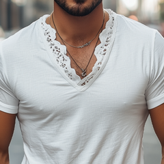 Men's Spring And Summer Fashionable V-neck Lace Stitching Cotton Short-sleeved T-shirt MTA2200C3K