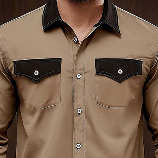 Men's Comfortable Khaki Colorblock Casual Long Sleeve Shirt MTA0209D2U
