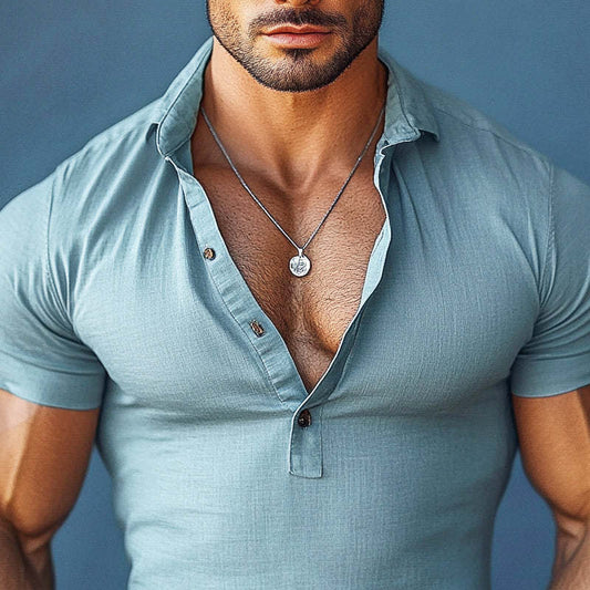 Men's Cotton And Linen Casual Lapel Short-sleeved Shirt 95739329X