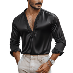 Men's Casual Sexy Lace And Satin Stitching Deep V Neck Long Sleeve Shirt MTA1732C2K