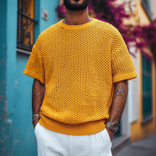 Men's Casual Round Neck Soft Loose Knitted Short Sleeve Sweater T-Shirt MTA0762D4M