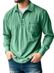 Men's Casual Long Sleeve Button-Up Polo Shirt with Chest Pocket