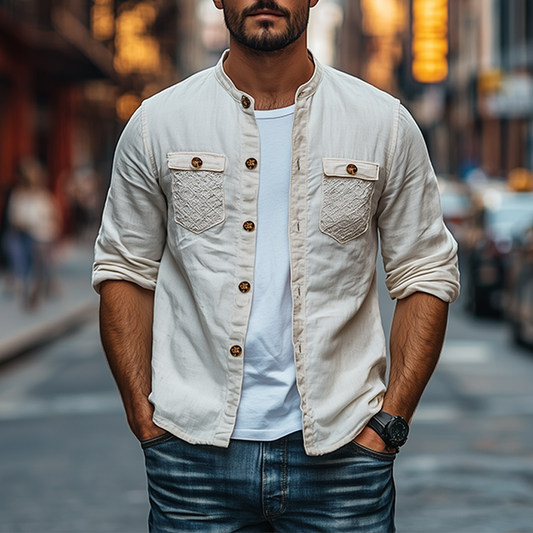 Men's Spring Fashion Personalized Lace Pocket Stitching Cotton And Linen Long Sleeve Shirt MTA2673C5K