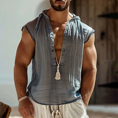 Men's Light Gray Ice Silk Pleated Hooded Tank Top 07483997U