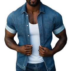 Men's Retro Casual Denim Washed Lapel Short Sleeve Shirt MTA1412C9TO