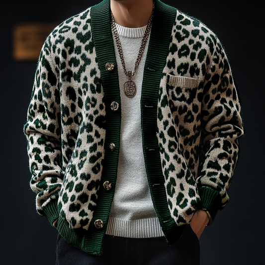 Men's Vintage Leopard Jacquard Colorblock Single Breasted Cardigan 17268231Y