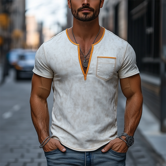 Men's Fashion Slim Casual Deep V-Neck Textured Suede Short Sleeve T-Shirt MTA0312D4K