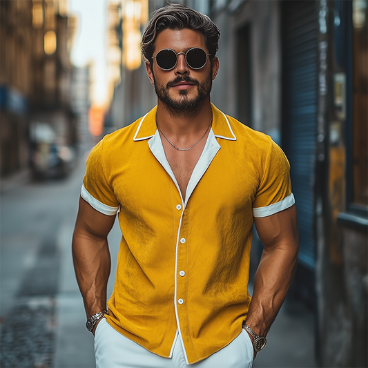 Men's Spring And Summer Fashion Slim Contrast Color Lapel Tencel Cotton Short Sleeve Shirt MTA0784D1K