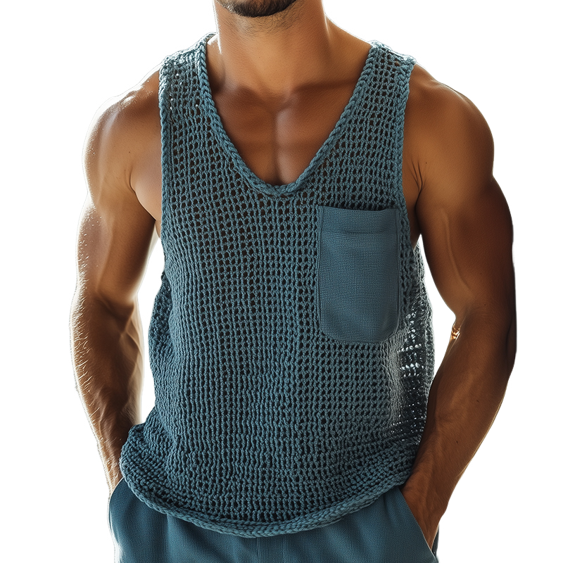 Men's Vintage Solid Knit Pocket Crew Neck Tank Top MTA0932D5TO