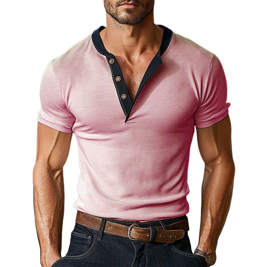 Men's Contrast Color Short Sleeve Henley Neck T-Shirt MTA0370D8X
