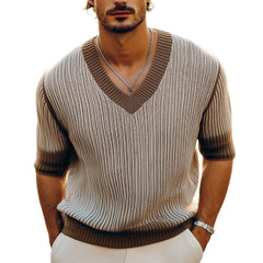 Men's Summer V-neck Thin Knitted Short-sleeved T-shirt MTA0363D5U