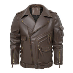Classic Biker Jacket With Multiple Pockets And Zipper Details