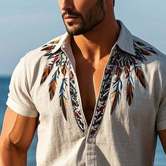 Men's Vintage Feather Embroidered Pullover Short Sleeve Shirt MTA2596C7X
