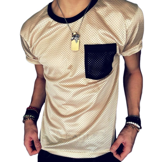 Men's Retro Casual Mesh Fabric Color Block Sports Round Neck Short Sleeve T-Shirt MTA2551C5TO