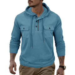 Men's Stylish Hooded Henley Sweatshirt with Functional Pockets - Perfect for Casual Wear