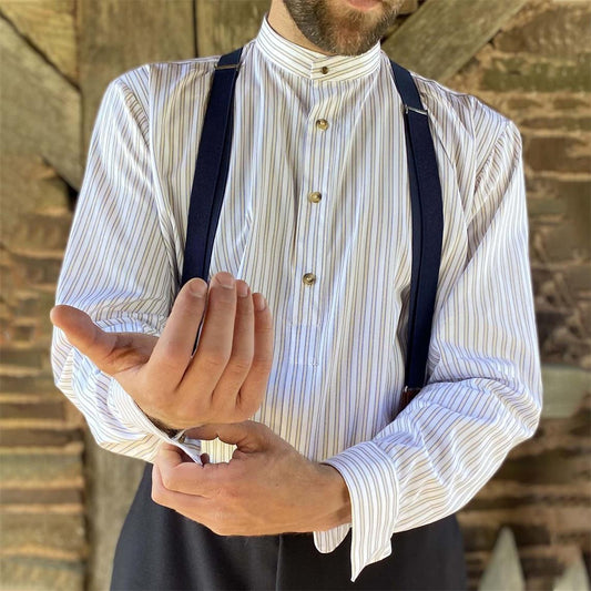 White Collarless Long-Sleeve Shirt for Men - Vintage Stripe Pattern, Casual Daily Tops