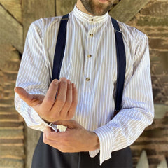 White Collarless Long-Sleeve Shirt for Men - Vintage Stripe Pattern, Casual Daily Tops