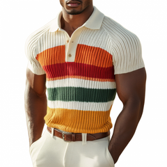 Men's Casual Lapel Color Striped Soft Knitted Short Sleeve Polo Shirt MTA0827D4M