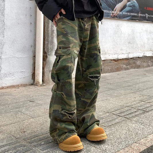 Camouflage Cargo Pants with Distressed Details for Men