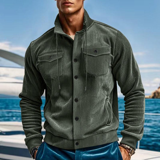 Men's Solid Color Corduroy Lapel Vintage Multi-Pocket Cargo Jacket 22086351Y