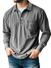 Men's Casual Long Sleeve Button-Up Polo Shirt with Chest Pocket