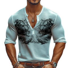 Men's Tiger Print Henley Neck Long Sleeve T-Shirt MTA0950D9X