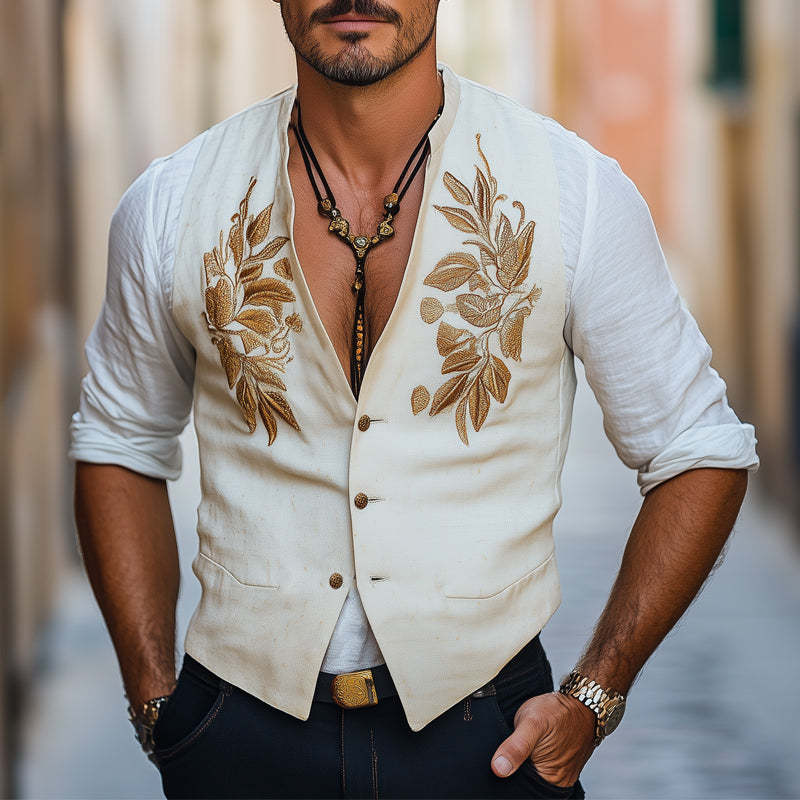 Men's Comfortable Cotton And Linen Gold Embroidered Vest MTA2770C0U