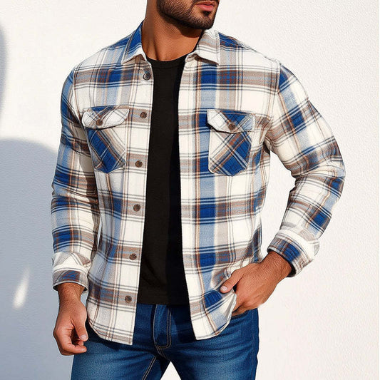 Men's Spring And Autumn Basic Lapel Plaid Long Sleeve Shirt MTA0184D4U