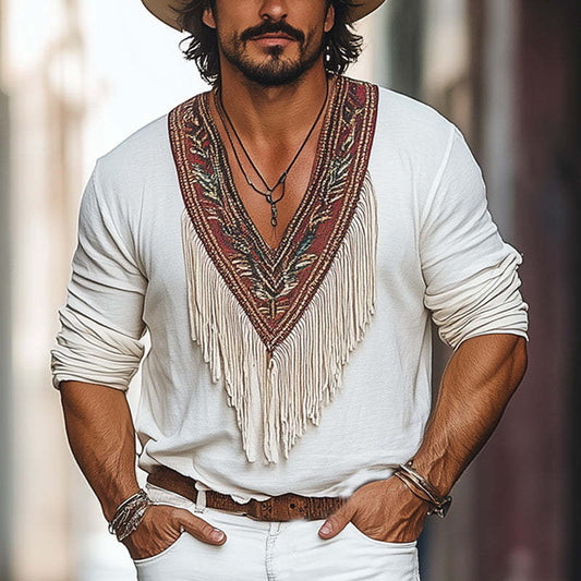 Men's Vintage Embroidered Deep V Neck Cotton Tassel T-Shirt MTA1773C5U