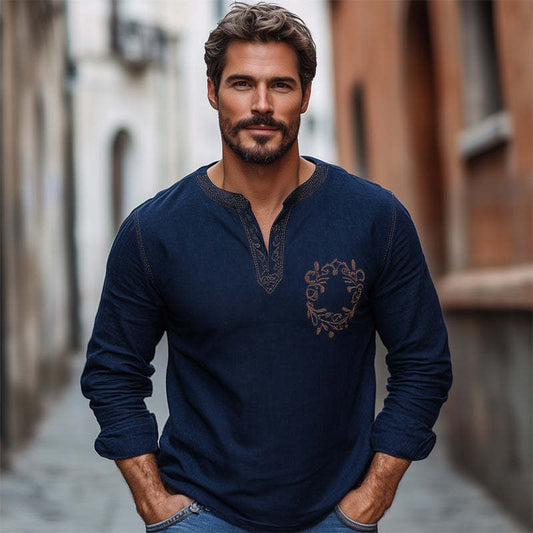 Men's Navy Blue Cotton And Linen Vintage Embroidery V-Neck Long Sleeve T-Shirt 48150060U