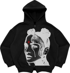 Hooded Sweatshirt with Bold Graphic Design and Zip-Up Closure