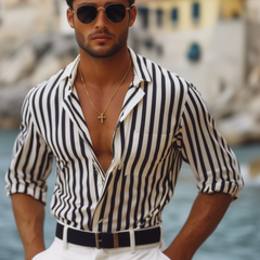 Men's Spring And Summer Fashion Vertical Striped Long Sleeve Shirt MTA1778C1K