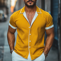 Men's Spring And Summer Fashion Slim Contrast Color Lapel Tencel Cotton Short Sleeve Shirt MTA0784D1K