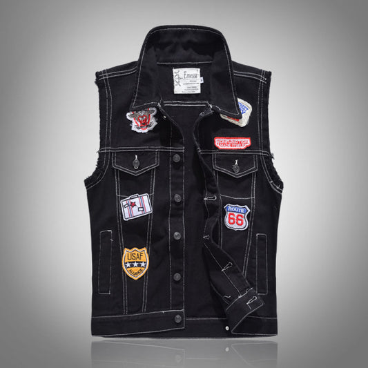 Stylish Denim Vest with Embroidered Patches for Men - Perfect for Casual and Outdoor Adventures