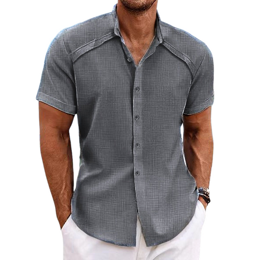 Men's Cotton And Linen Solid Color Lapel Short-Sleeved Shirt MTA0127D8X