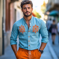 Men's Light Blue Contrast Embroidered Denim Shirt MTA2236C1U