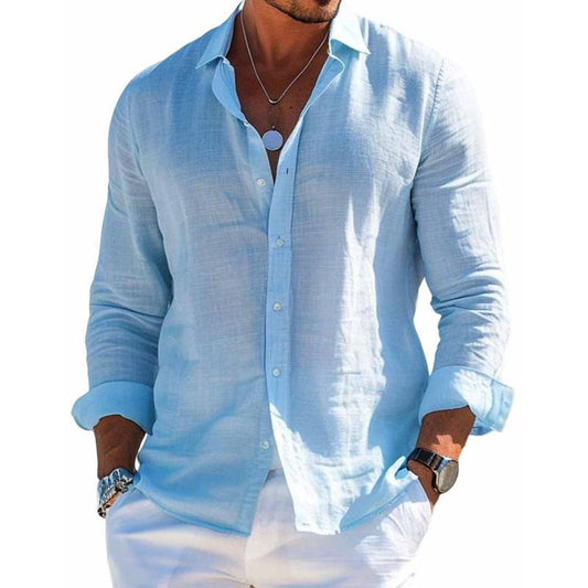 Men's Cotton And Linen Casual Solid Color Lapel Shirt 31793795X