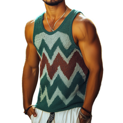 Men's Retro Casual Diamond Colorblock Round Neck Tank Top MTA0337D5TO