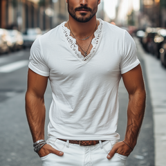 Men's Spring And Summer Fashionable V-neck Lace Stitching Cotton Short-sleeved T-shirt MTA2200C3K