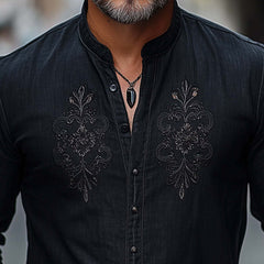 Men's Comfortable Cotton And Linen Embroidered Button Collar T-Shirt MTA2701C6U